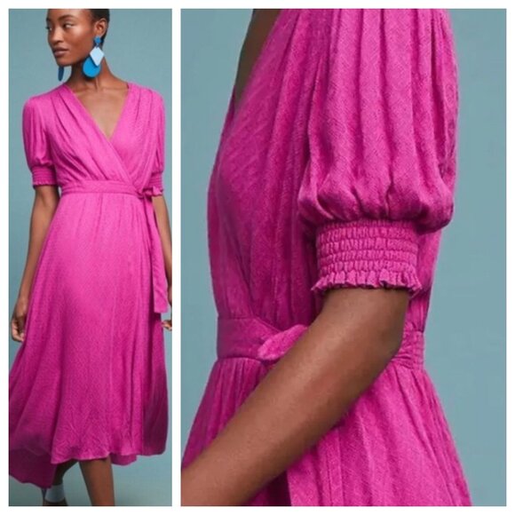Maeve Anthropologie Breanna Wrap Dress Maxi Midi Puff Sleeve Fuschia Size 2 - Picture 1 of 12
